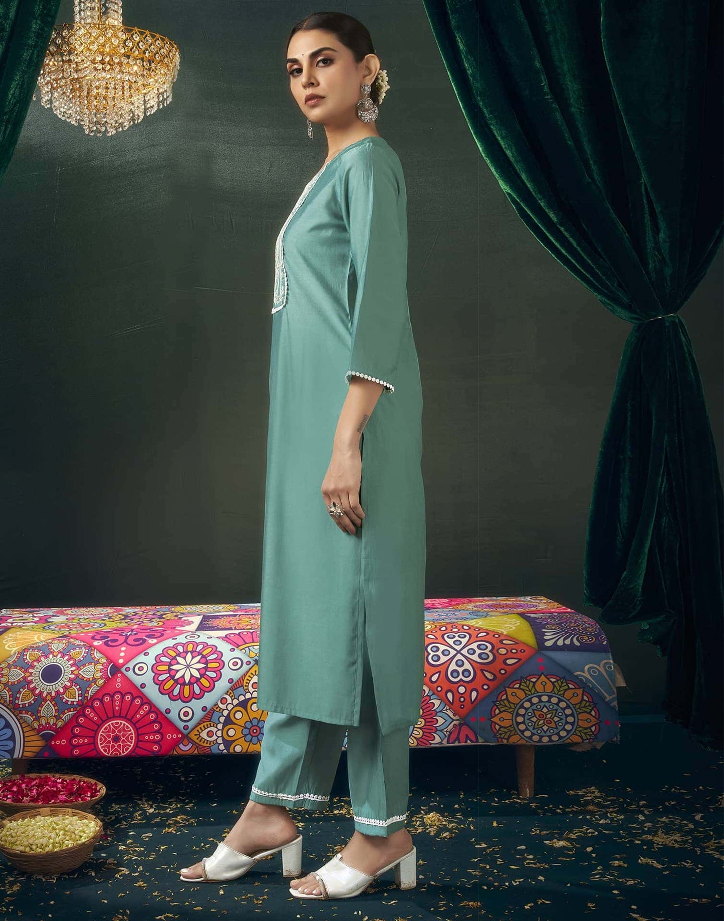 Rayon Blend Embroidered Straight Kurta with Pant & Dupatta