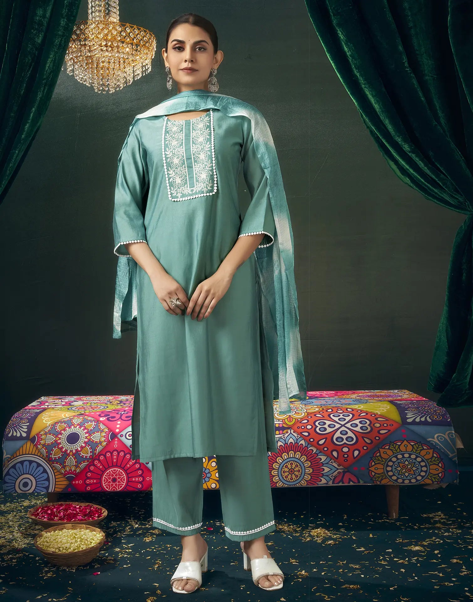 Viscose Embroidered Straight 3 Piece Kurta Set