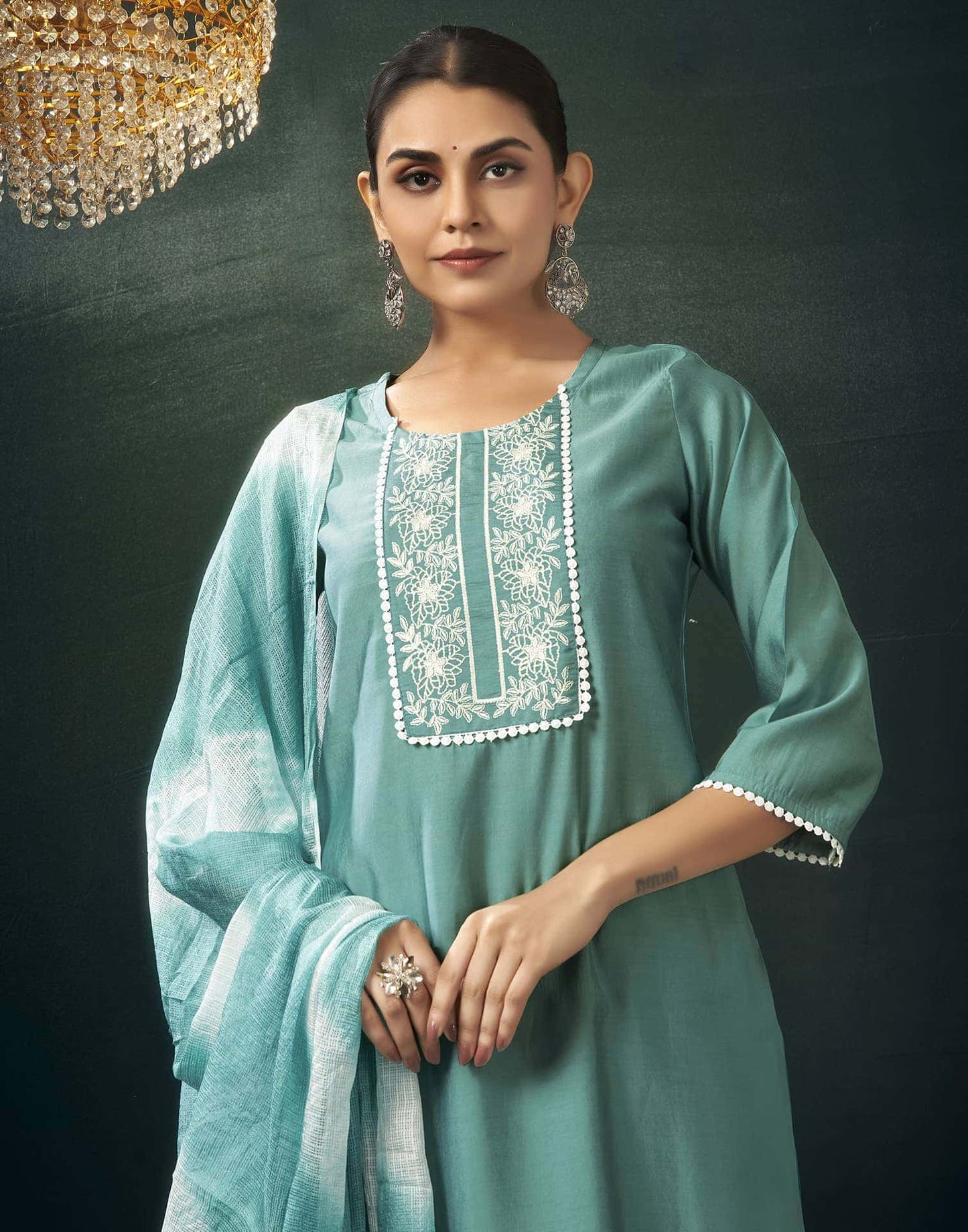 Rayon Blend Embroidered Straight Kurta with Pant & Dupatta