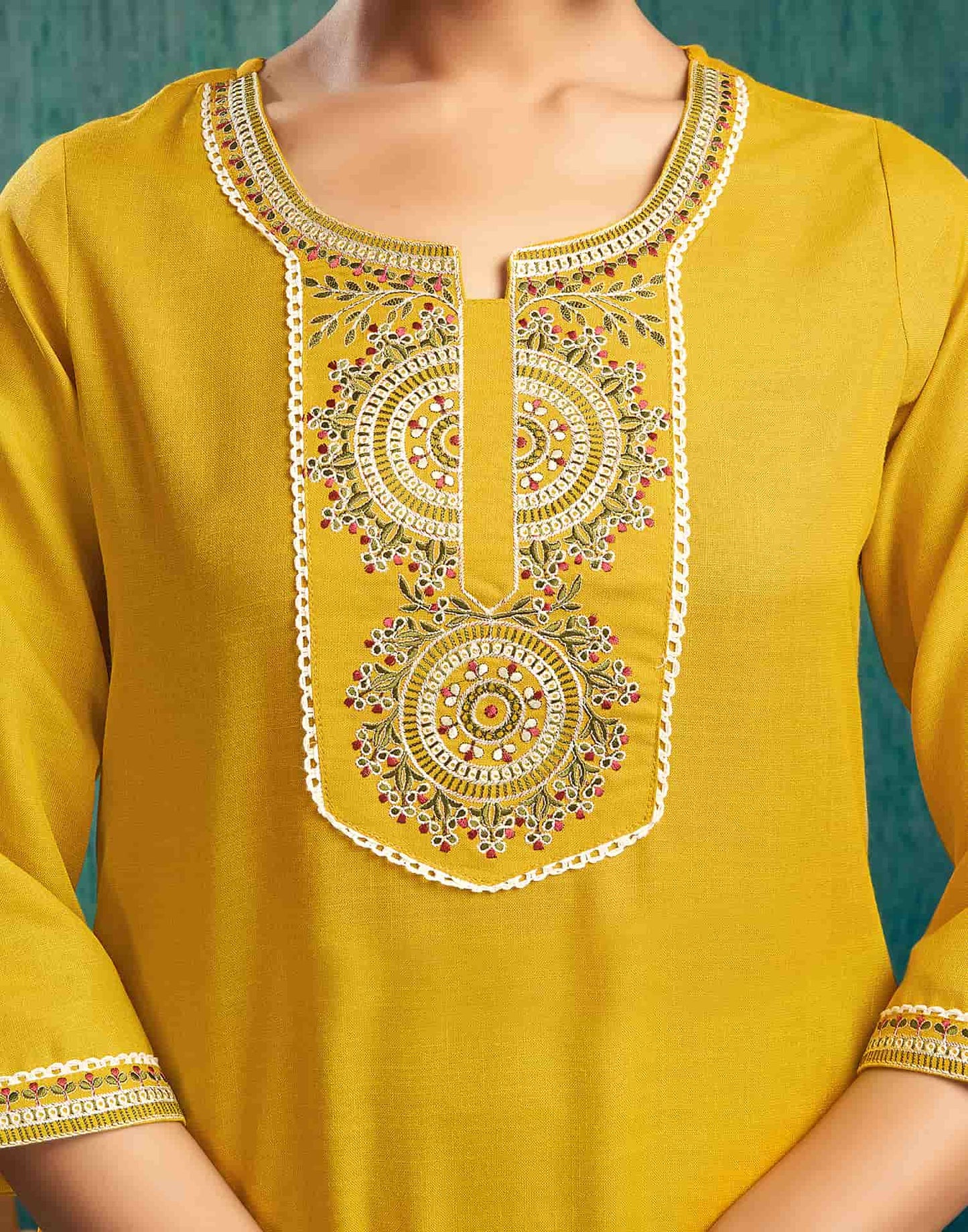 Cotton Blend Embroidery and Lace Straight Kurta with Pant & Dupatta