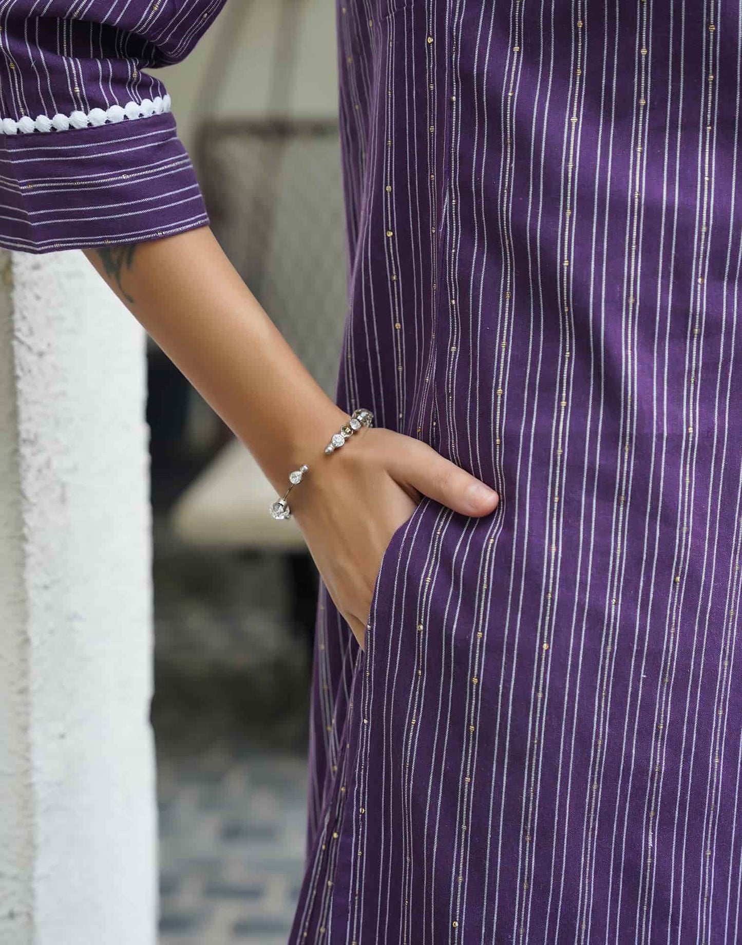 Cotton Sequins Work and Woven A-Line Kurta with Pant & Dupatta