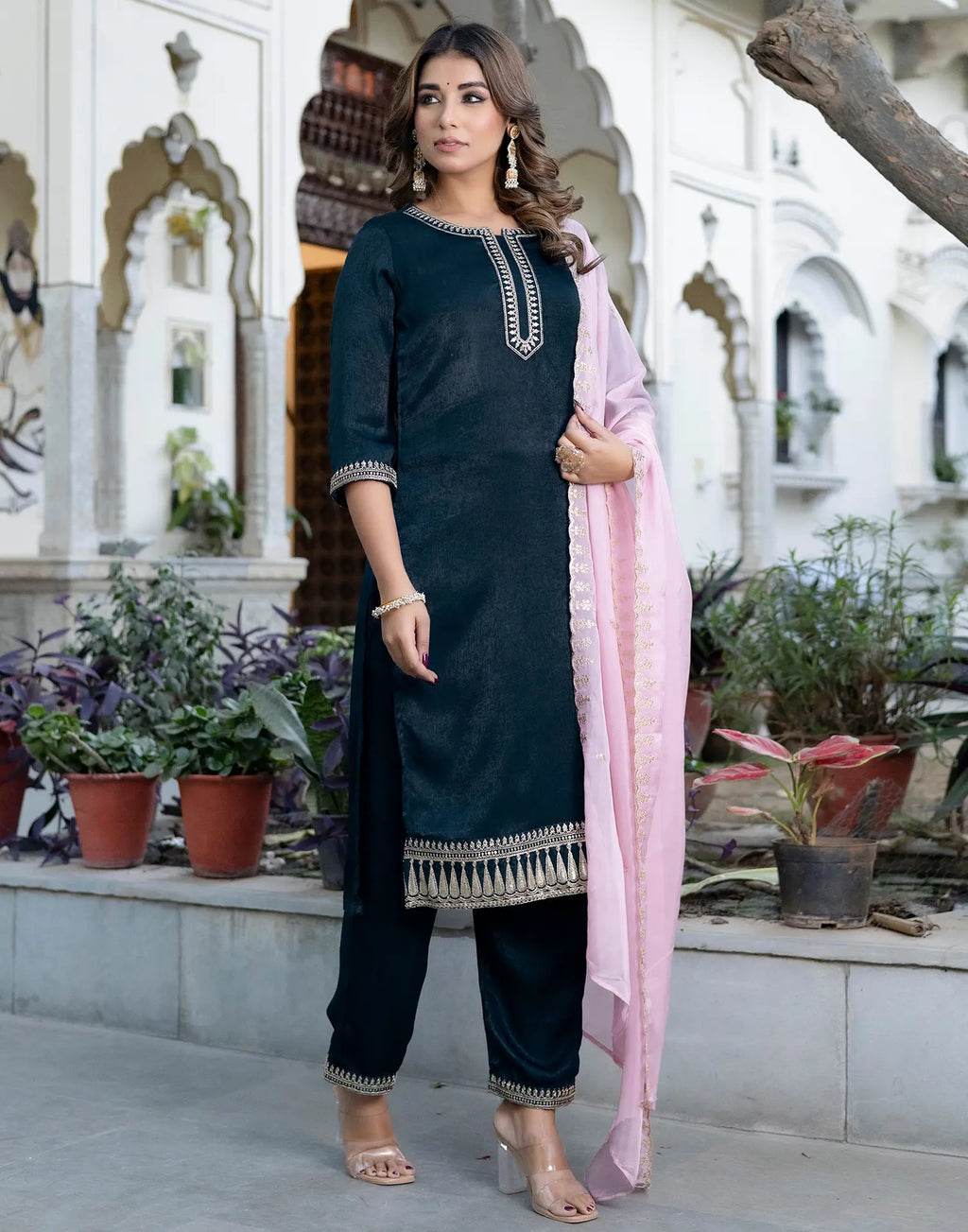 Velvet Embroidered Straight 3 Piece Kurta Set
