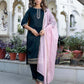 Velvet Sequence and Embroidery Straight Kurta with Pant & Dupatta