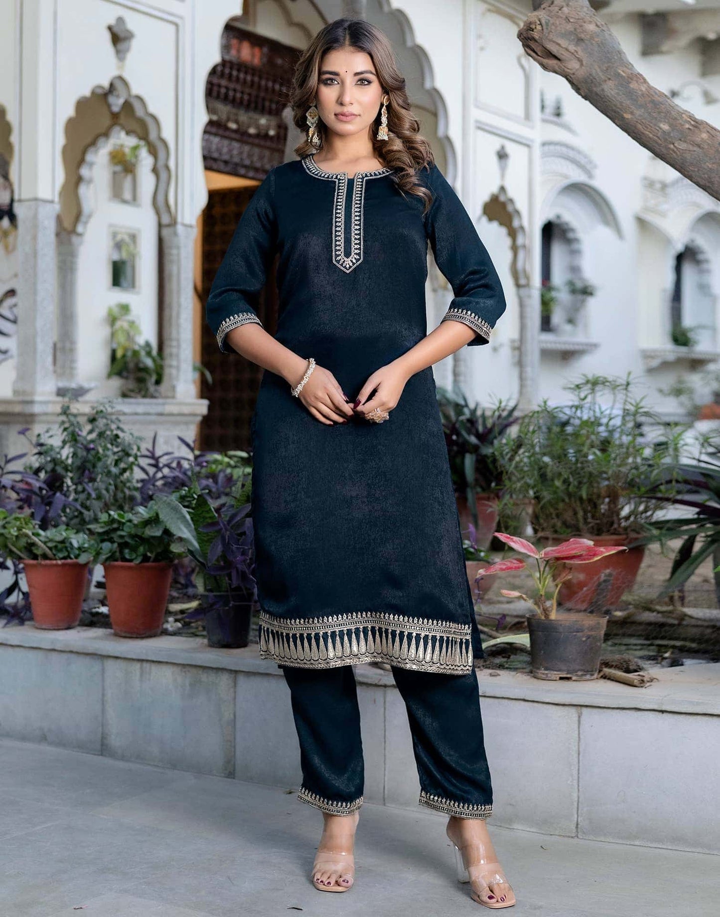 Velvet Sequence and Embroidery Straight Kurta with Pant & Dupatta
