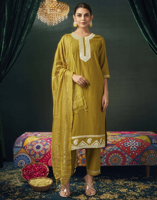 Chanderi Solid Straight Kurta with Pant & Dupatta