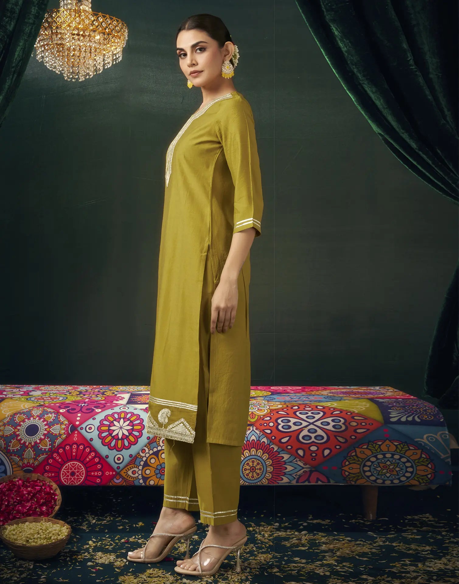 Viscose Gota Lace Straight 3 Piece Kurta Set