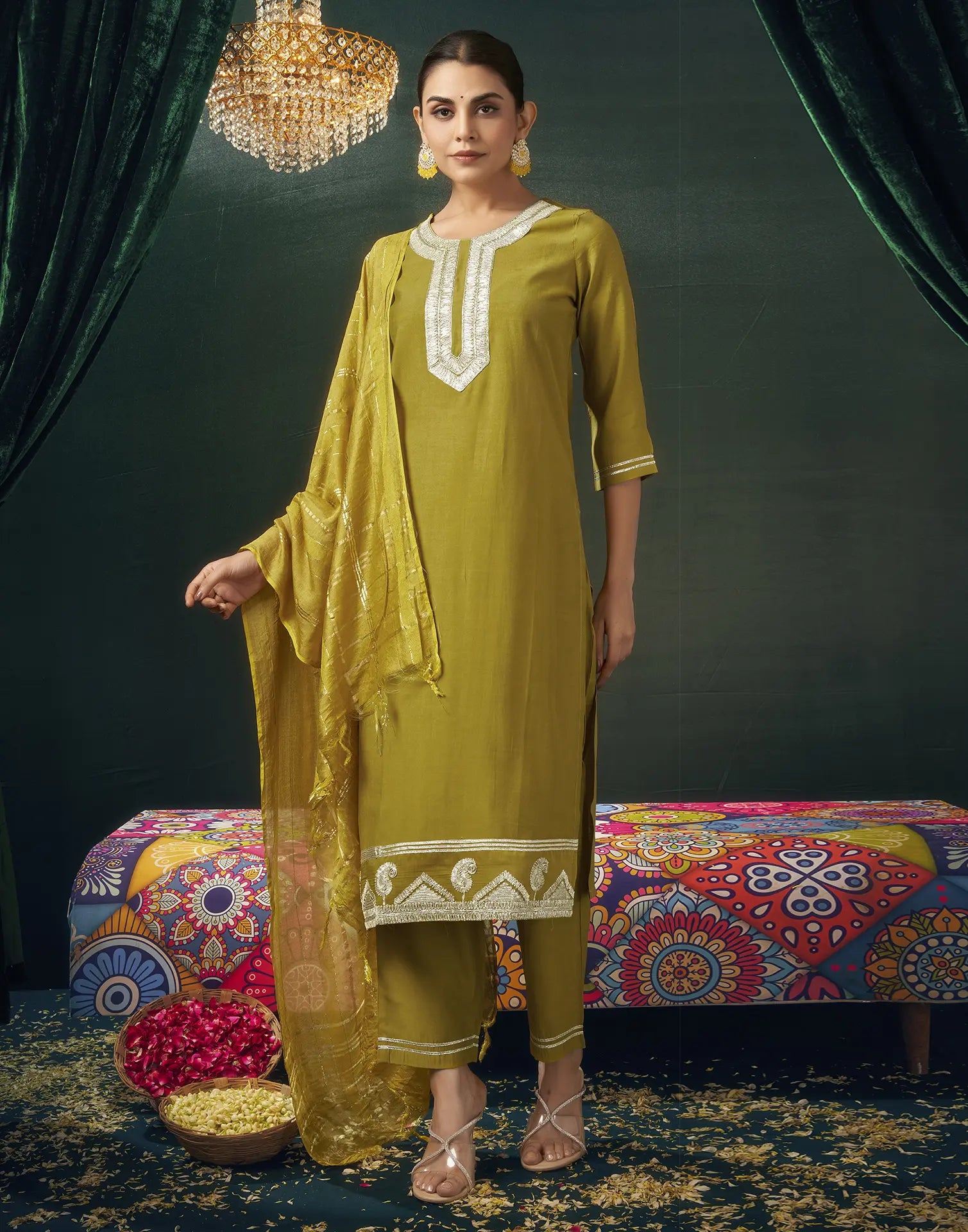 Viscose Gota Lace Straight 3 Piece Kurta Set