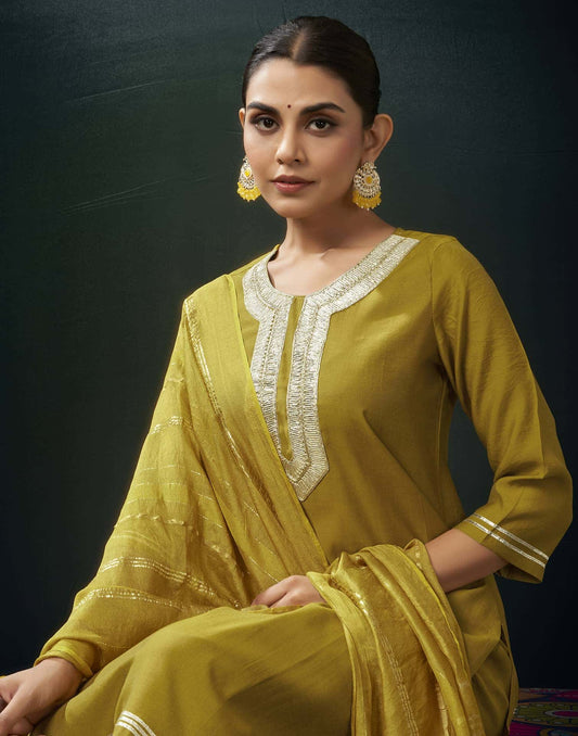 Chanderi Solid Straight Kurta with Pant & Dupatta