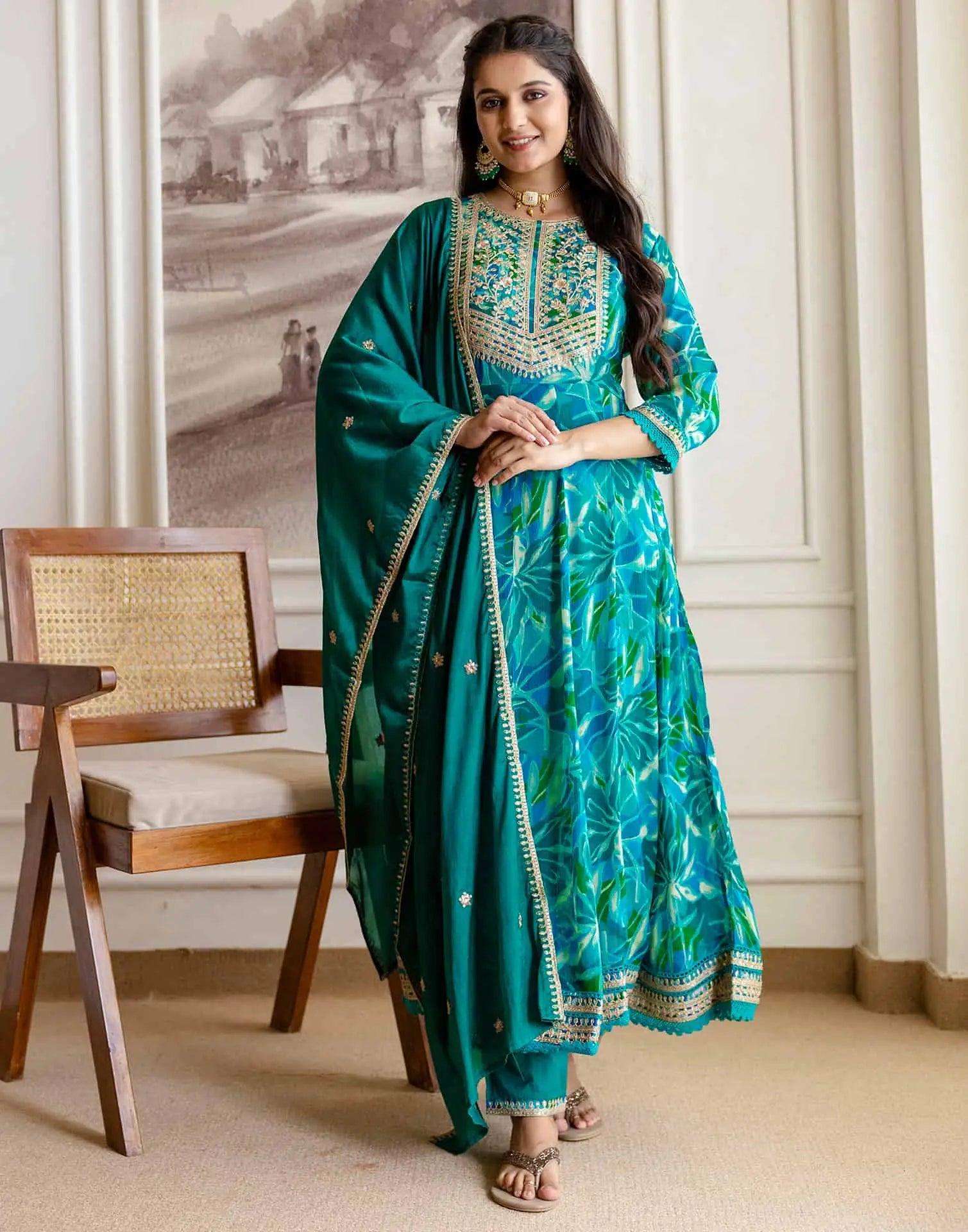 Blue Silk Printed Anarkali Kurta Set with Pant & Dupatta Affordable Ethnic Wear for Festive & Wedding