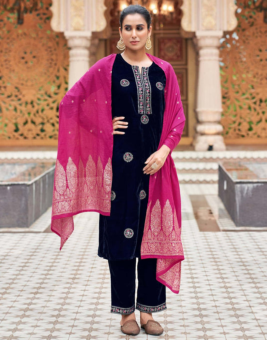 Velvet Dyed, Sequins, Embroidery and Lace Straight Kurta with Pant & Dupatta