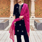 Velvet Dyed, Sequins, Embroidery and Lace Straight Kurta with Pant & Dupatta