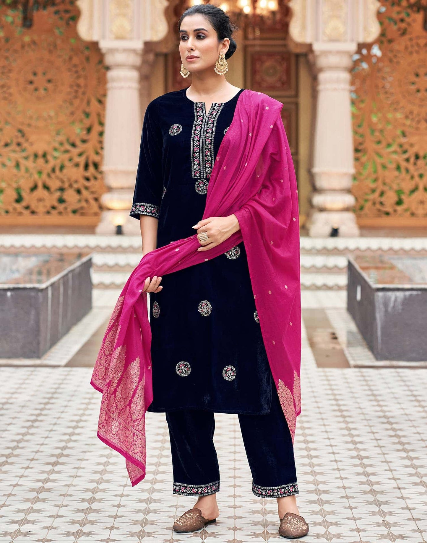 Velvet Dyed, Sequins, Embroidery and Lace Straight Kurta with Pant & Dupatta