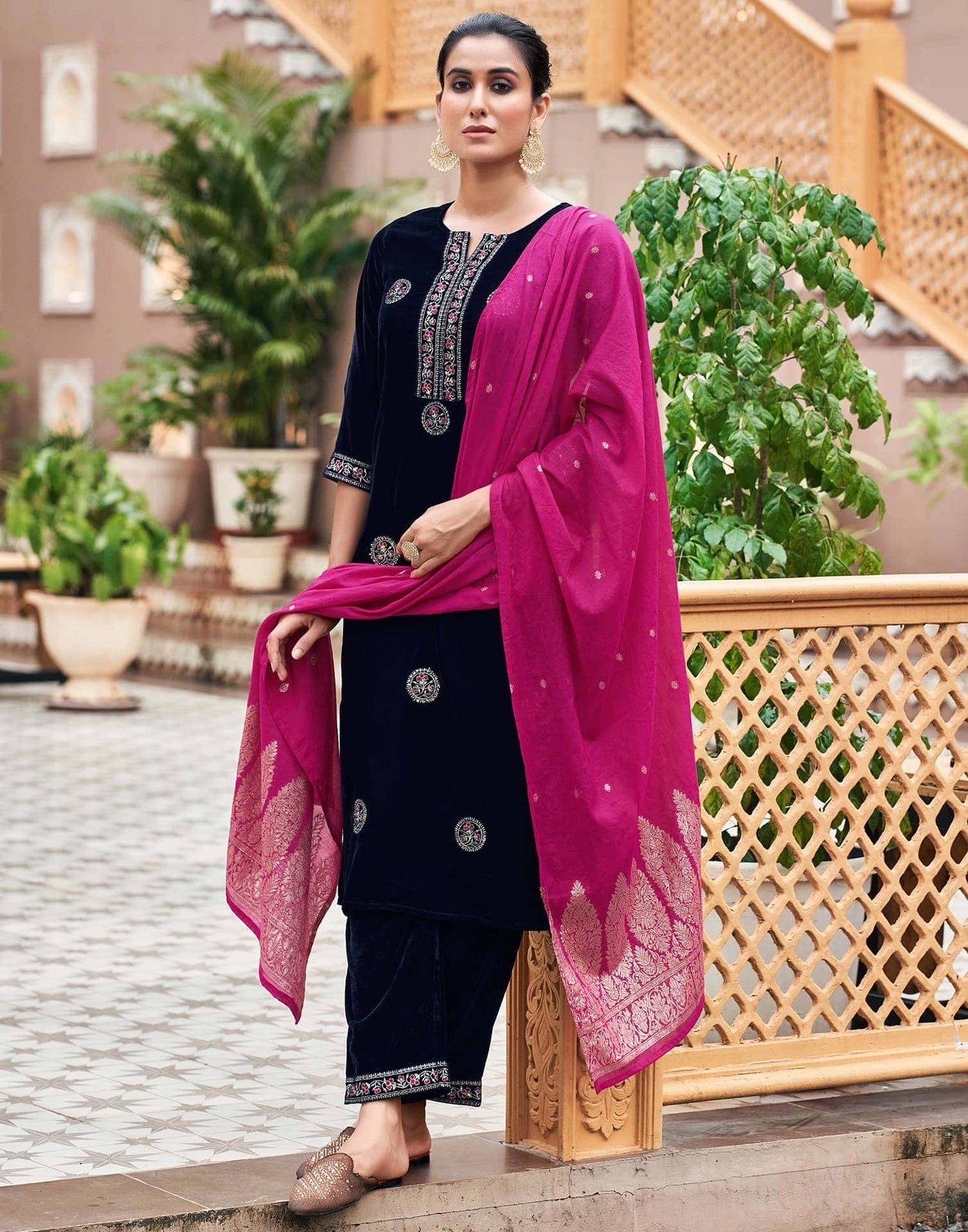 Velvet Dyed, Sequins, Embroidery and Lace Straight Kurta with Pant & Dupatta