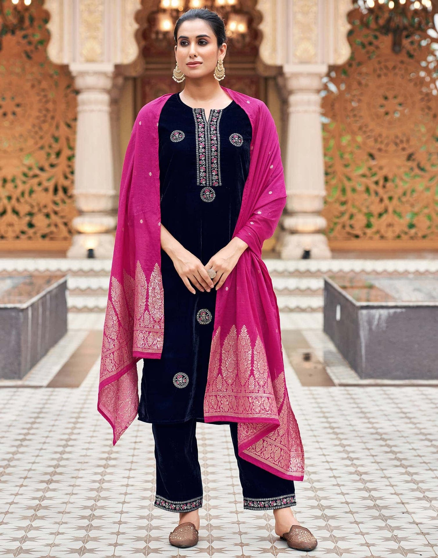 Velvet Dyed, Sequins, Embroidery and Lace Straight Kurta with Pant & Dupatta