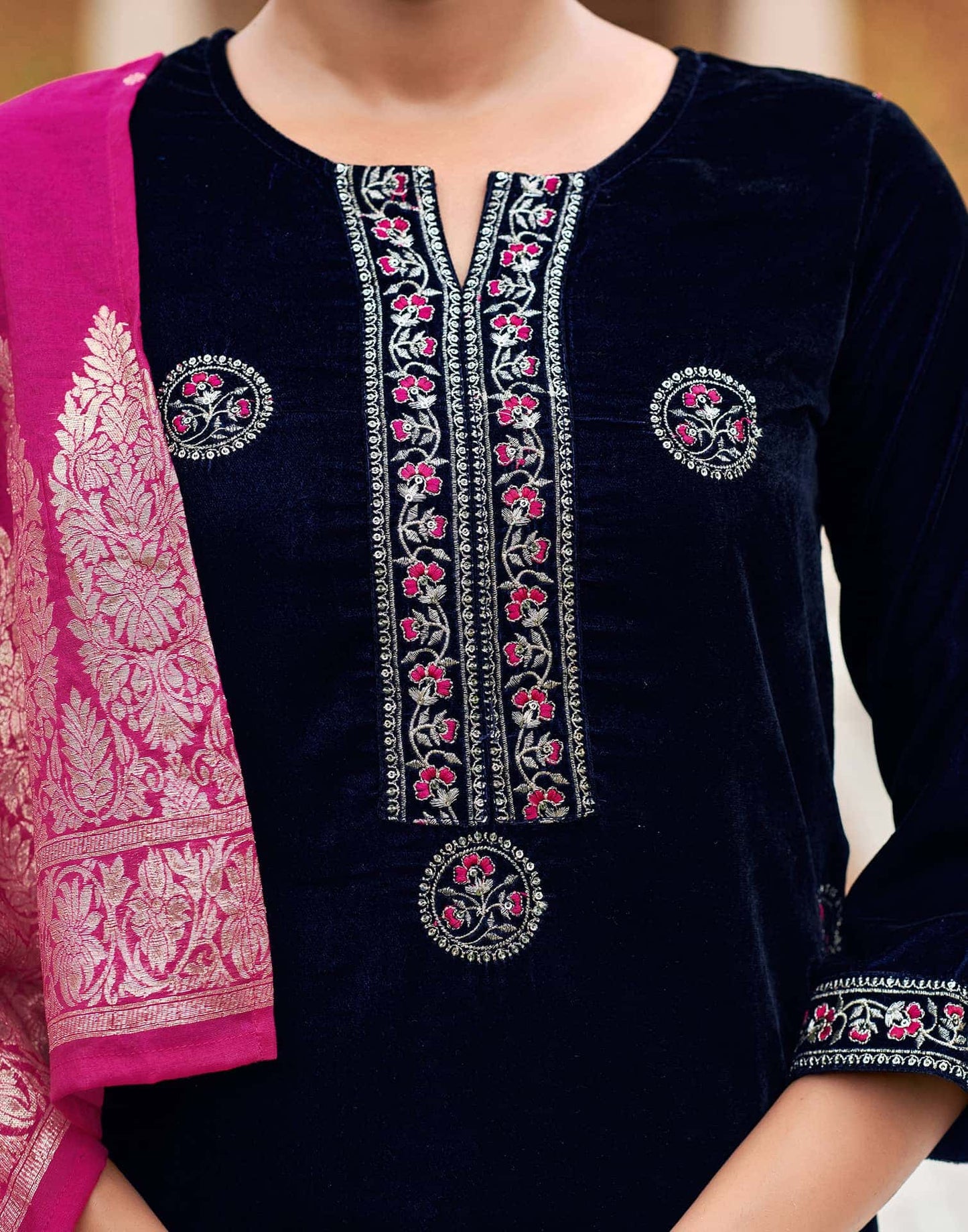 Velvet Dyed, Sequins, Embroidery and Lace Straight Kurta with Pant & Dupatta