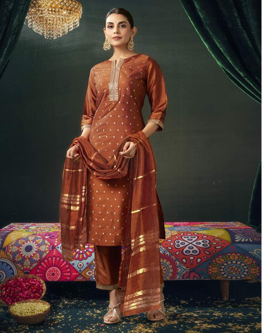 Rust Silk Weaving V Neck 3/4 Sleeve Straight Kurta Set With Pant & Dupatta