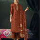 Rust Silk Weaving V Neck 3/4 Sleeve Straight Kurta Set With Pant & Dupatta