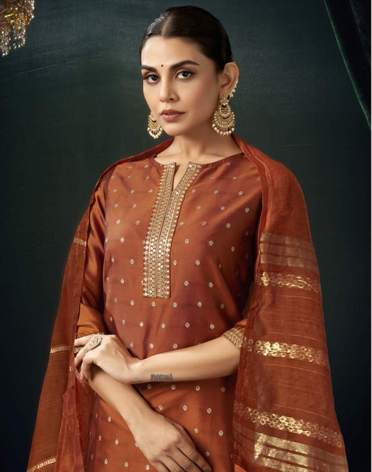 Rust Silk Weaving V Neck 3/4 Sleeve Straight Kurta Set With Pant & Dupatta