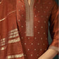 Rust Silk Weaving V Neck 3/4 Sleeve Straight Kurta Set With Pant & Dupatta