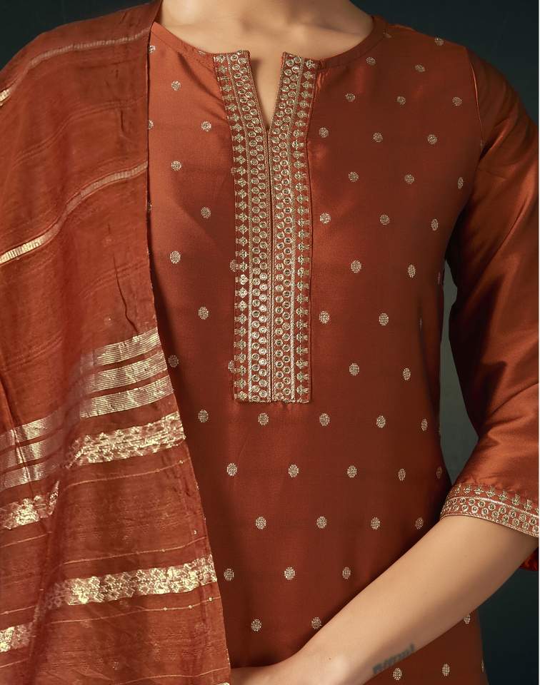 Rust Silk Weaving V Neck 3/4 Sleeve Straight Kurta Set With Pant & Dupatta