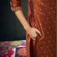 Rust Silk Weaving V Neck 3/4 Sleeve Straight Kurta Set With Pant & Dupatta