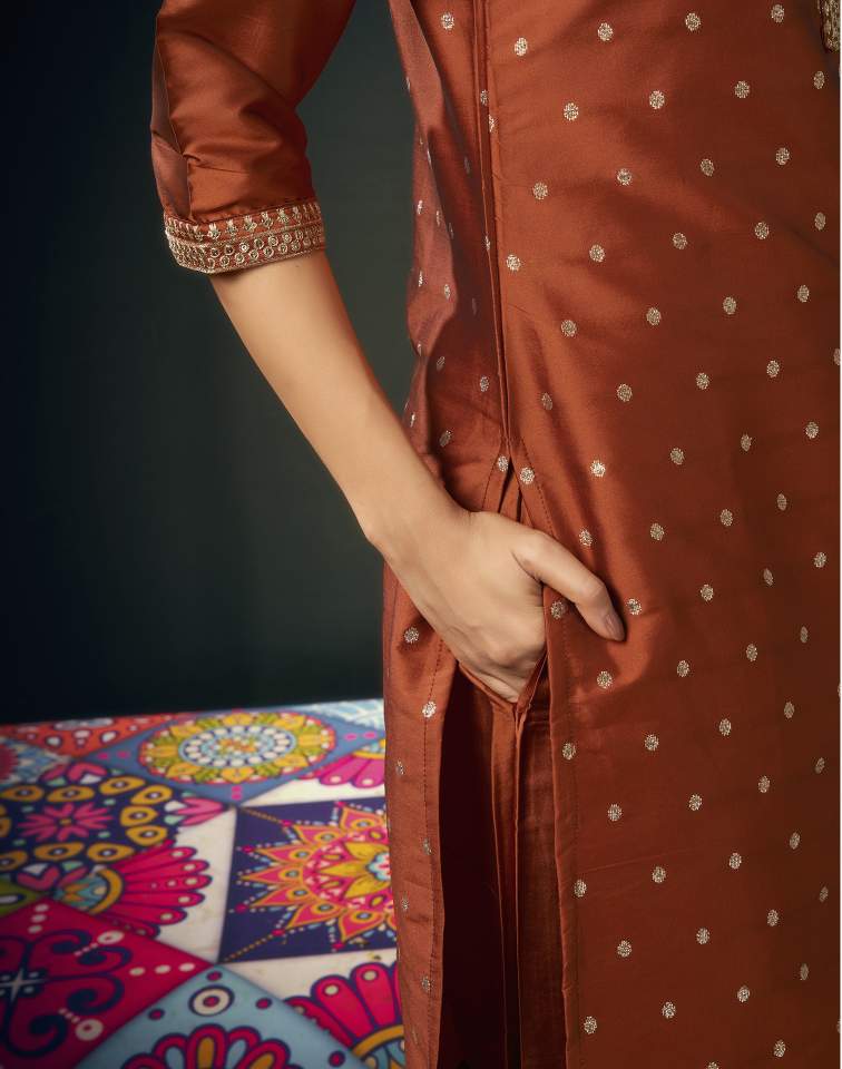 Rust Silk Weaving V Neck 3/4 Sleeve Straight Kurta Set With Pant & Dupatta