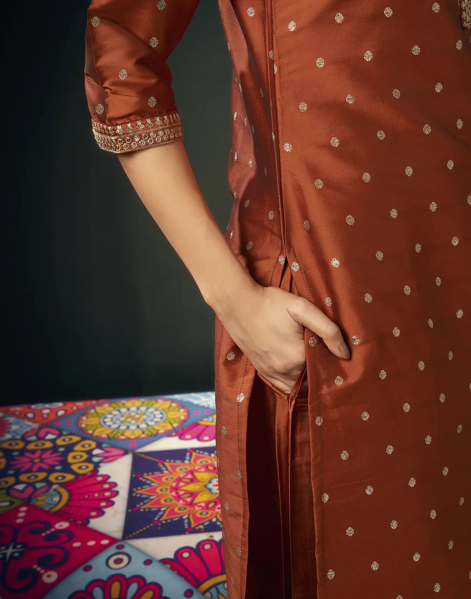 Taffeta Butti Embroidered Straight 3 Piece Kurta Set