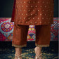Rust Silk Weaving V Neck 3/4 Sleeve Straight Kurta Set With Pant & Dupatta