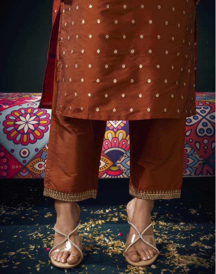 Rust Silk Weaving V Neck 3/4 Sleeve Straight Kurta Set With Pant & Dupatta