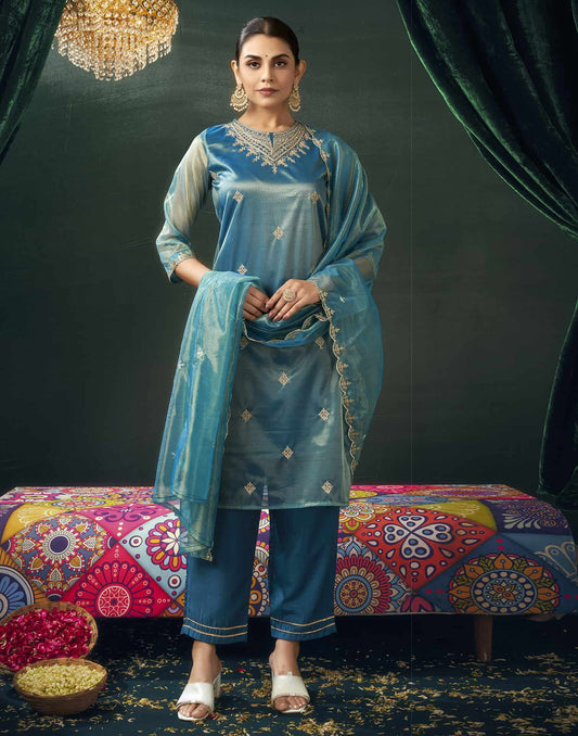 Net Sequins, Embroidery and Embroidery Lace Straight Kurta with Pant & Dupatta