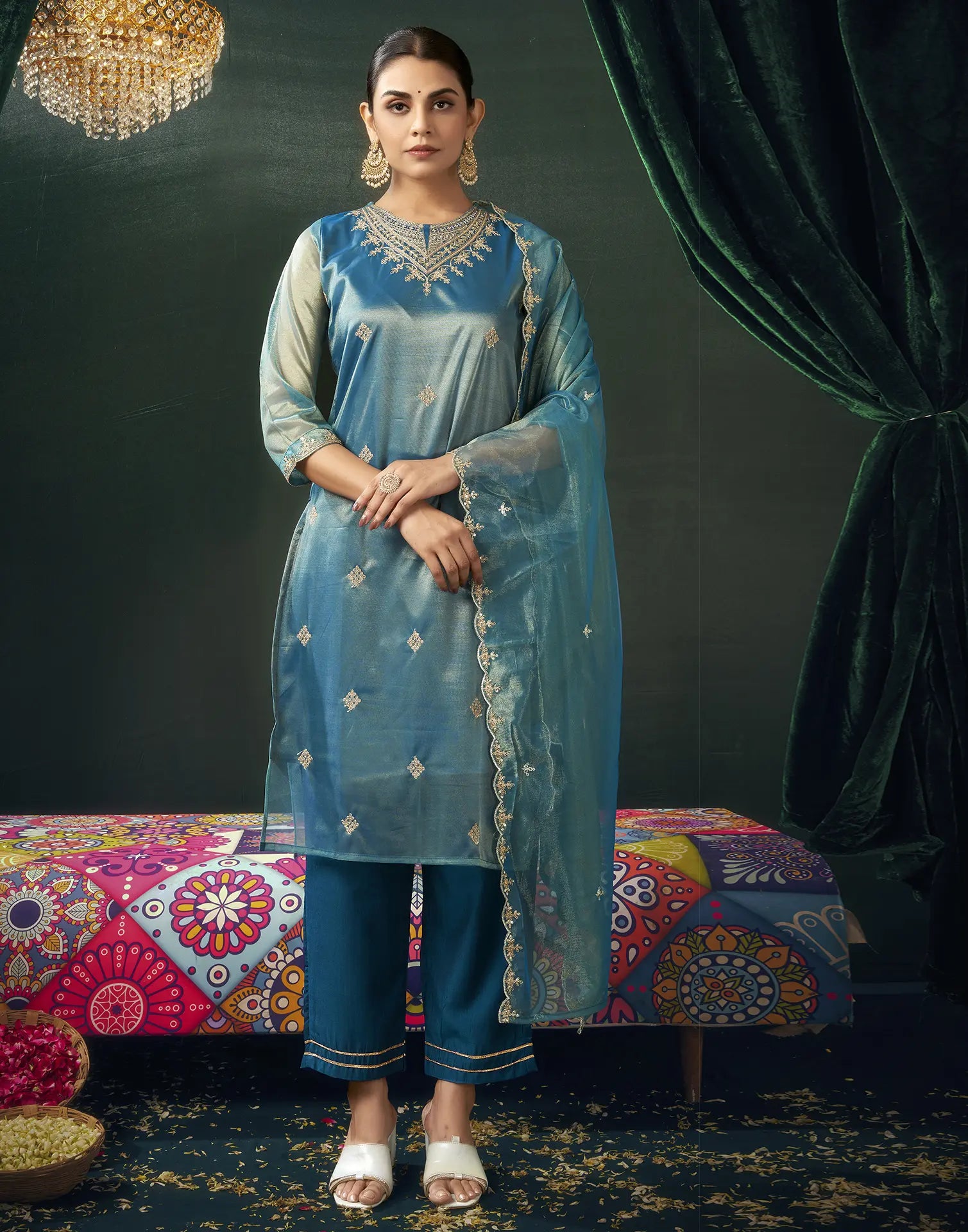 Shimmer net Embroidered Straight 3 Piece Kurta Set
