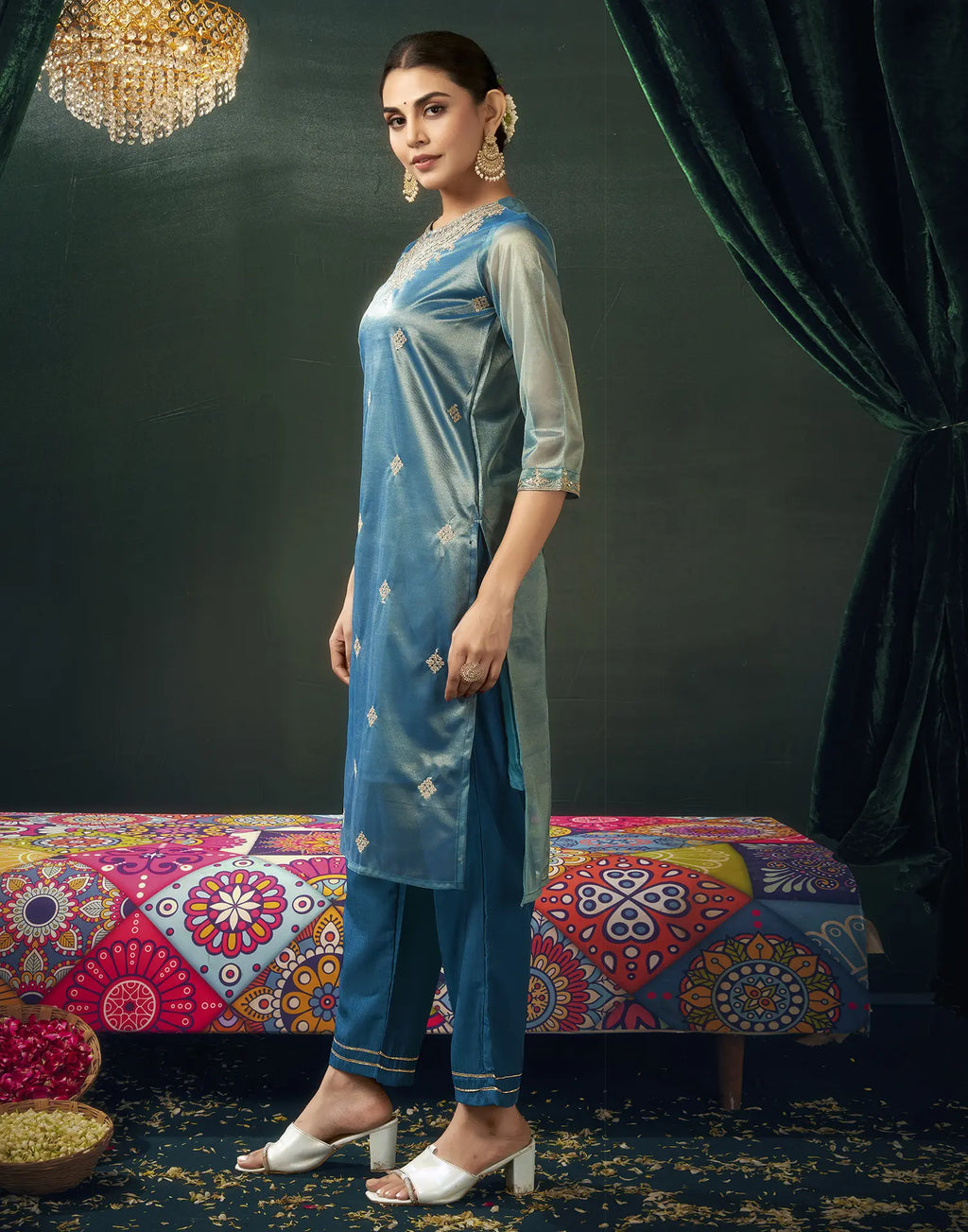 Shimmer net Embroidered Straight 3 Piece Kurta Set