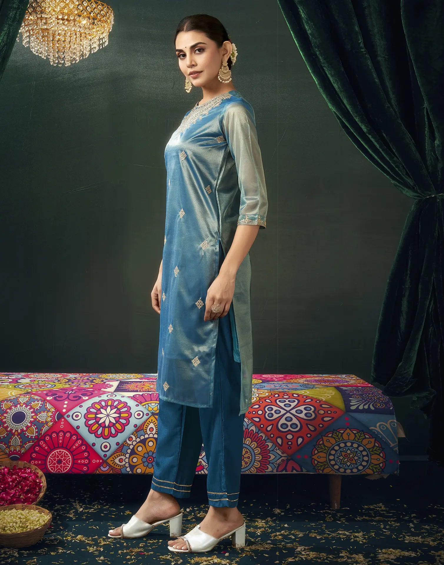 Shimmer net Embroidered Straight 3 Piece Kurta Set