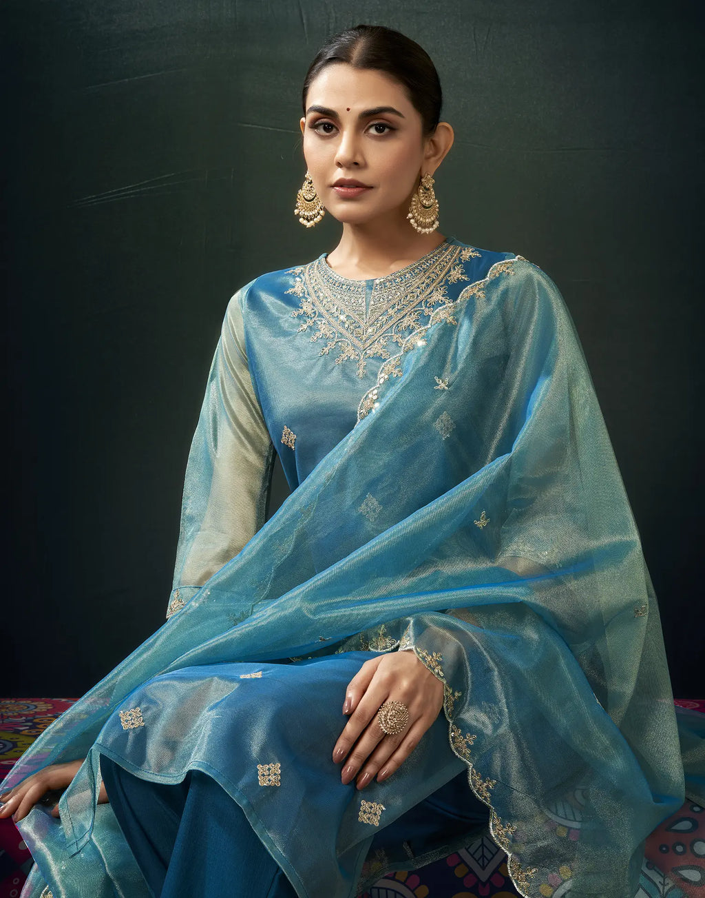 Shimmer net Embroidered Straight 3 Piece Kurta Set