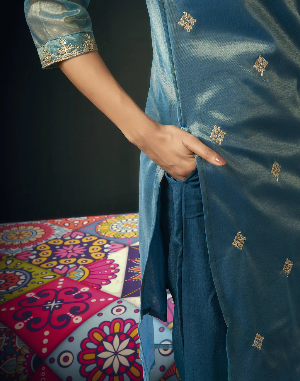 Shimmer net Embroidered Straight 3 Piece Kurta Set