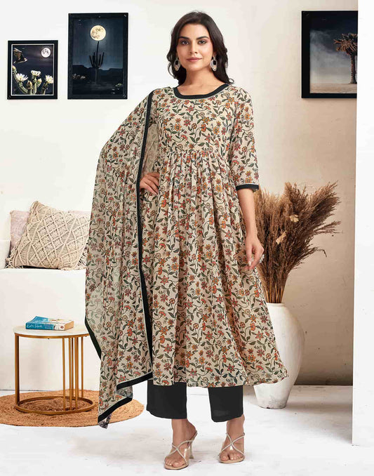 Georgette Printed Flared Kurta with Pant & Dupatta