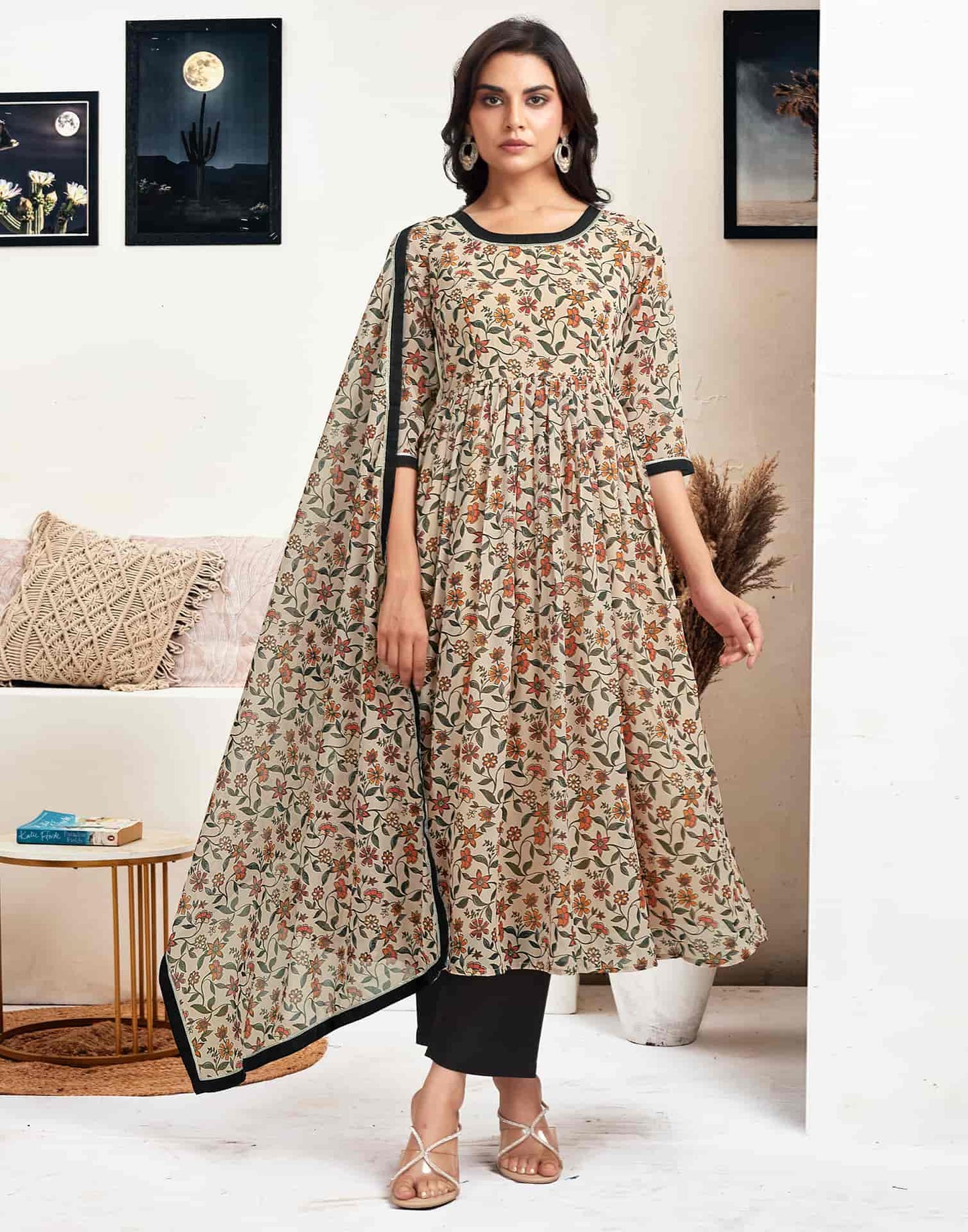 Georgette Printed Flared Kurta with Pant & Dupatta