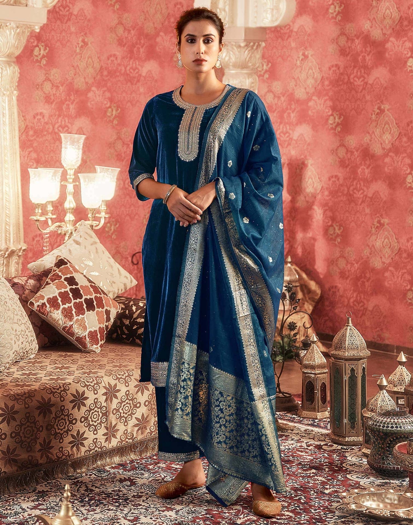 Velvet Dyed, Sequins, Embroidery and Lace Straight Kurta with Pant & Dupatta