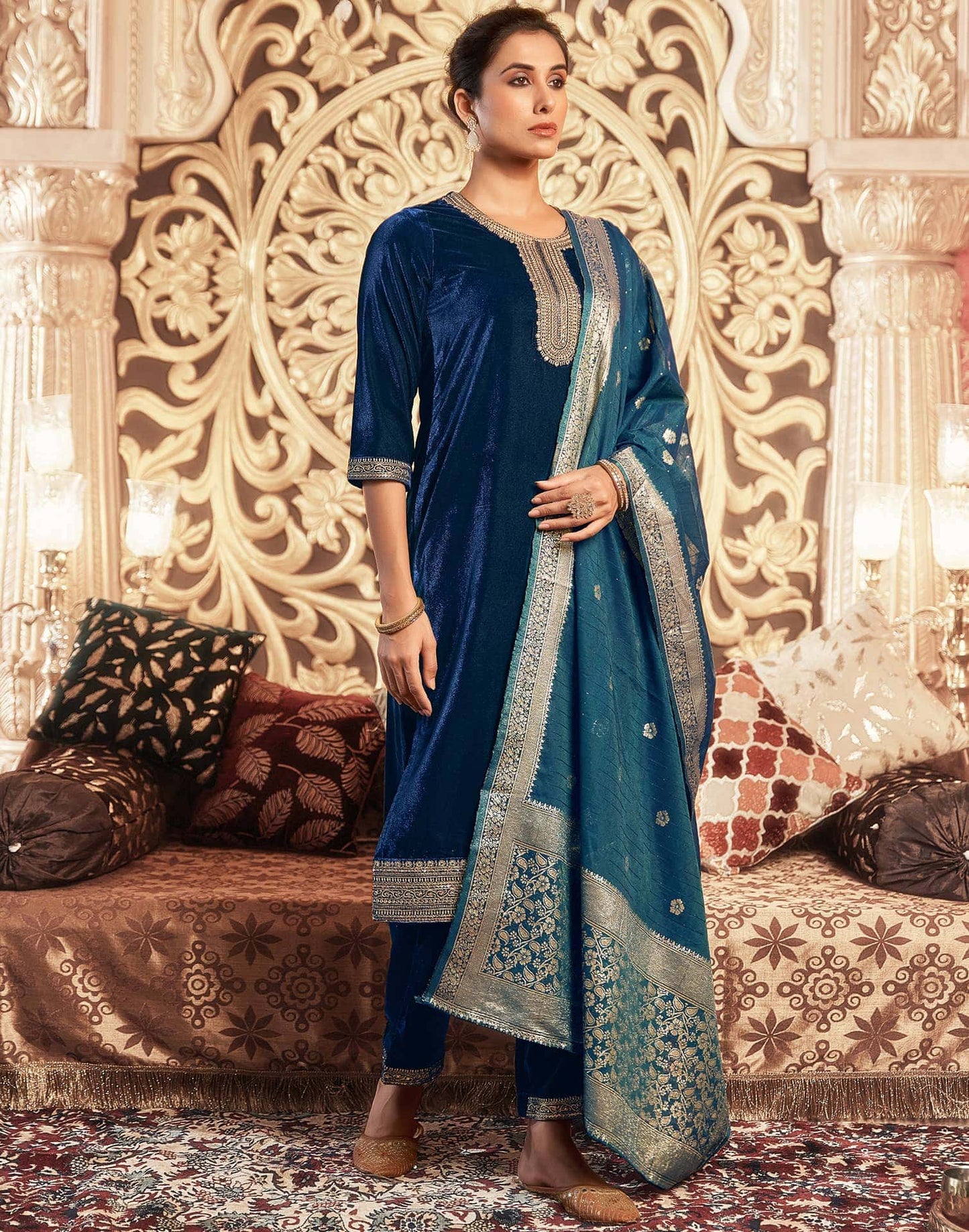Velvet Dyed, Sequins, Embroidery and Lace Straight Kurta with Pant & Dupatta