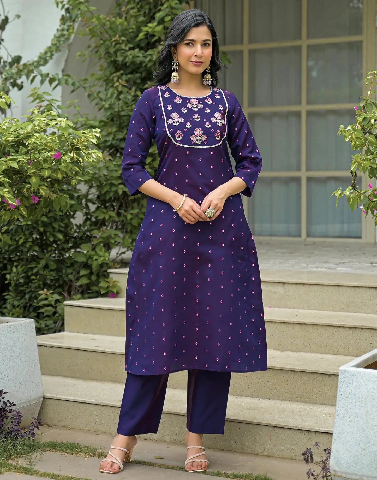Silk Embroidered Round Neck Straight Kurta with Pant & Dupatta