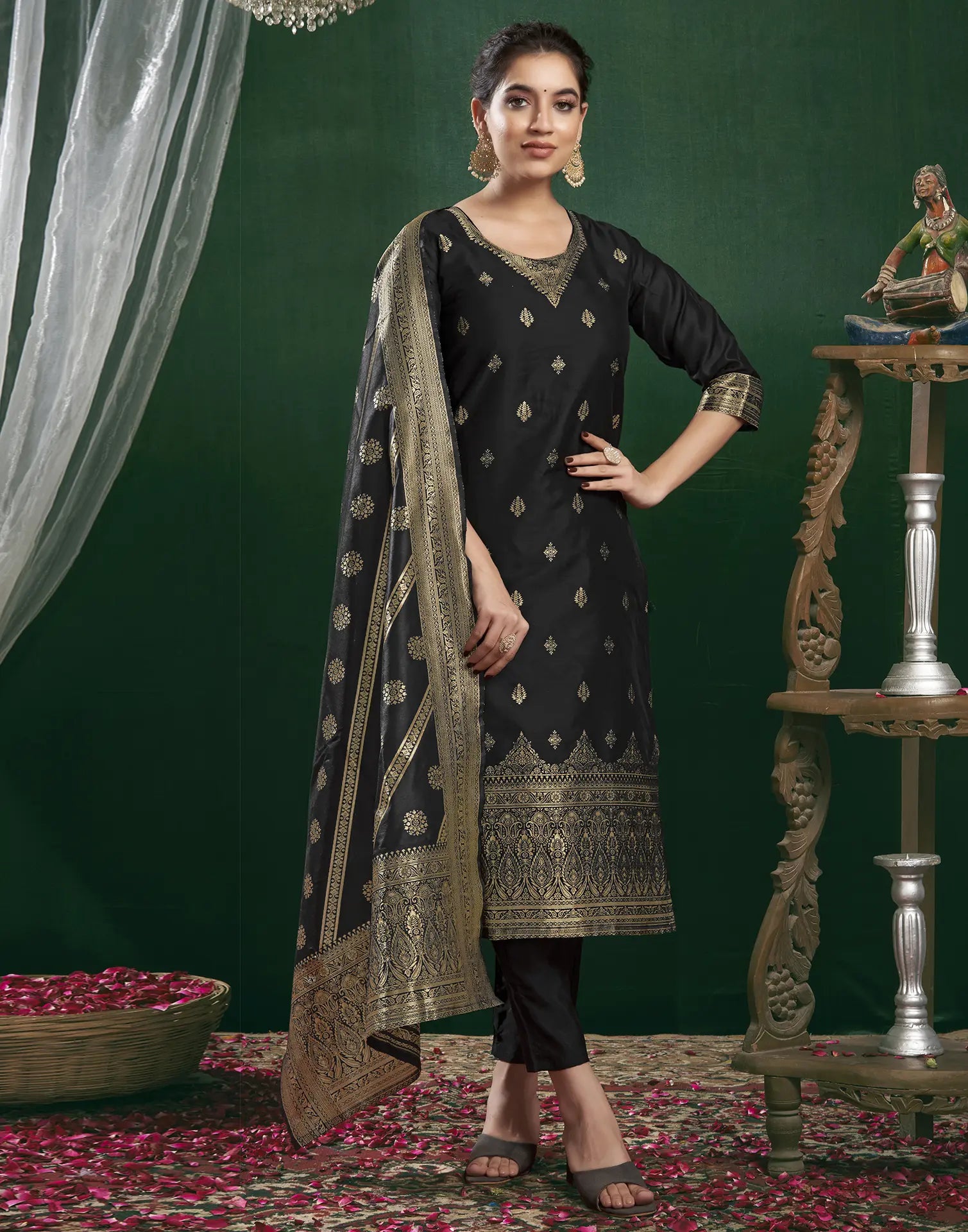 Silk Jacquard Woven Straight 3 Piece Kurta Set
