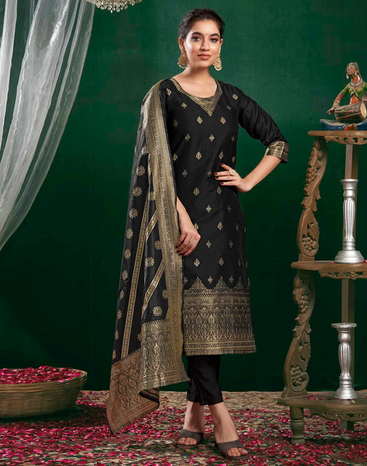 Silk Blend Jacquard Work Straight Kurta with Pant & Dupatta