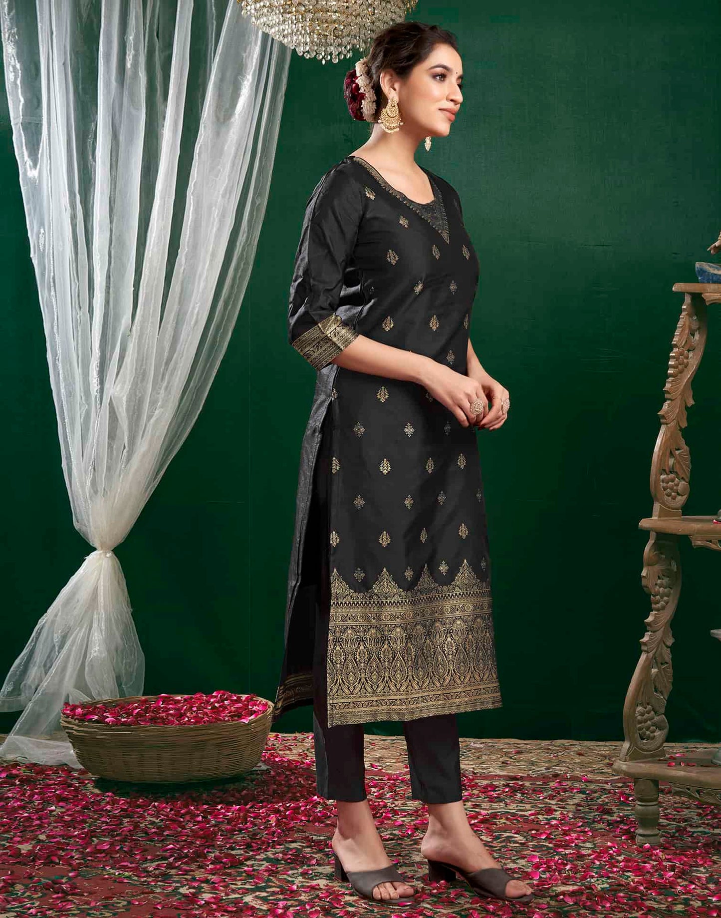 Silk Blend Jacquard Work Straight Kurta with Pant & Dupatta