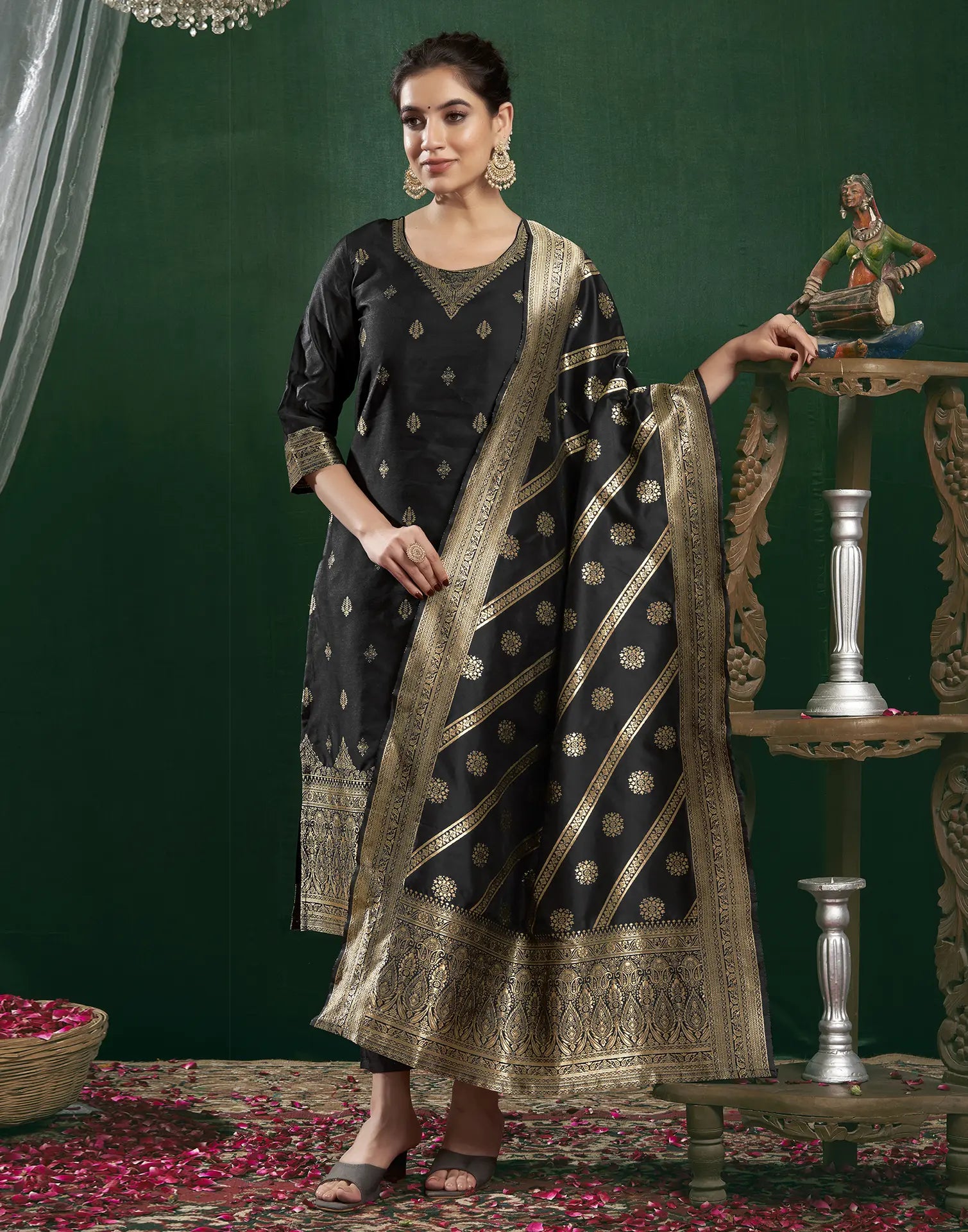 Silk Jacquard Woven Straight 3 Piece Kurta Set
