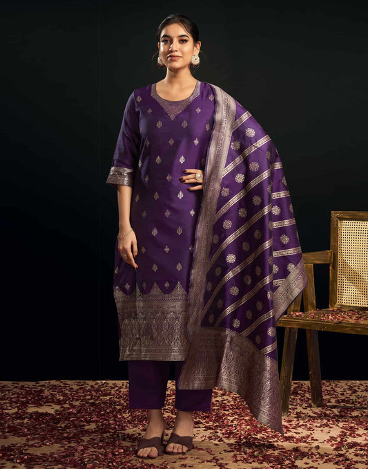Silk Blend Jacquard Work Straight Kurta with Pant & Dupatta