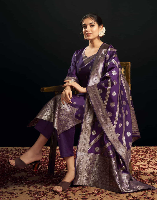 Silk Blend Jacquard Work Straight Kurta with Pant & Dupatta