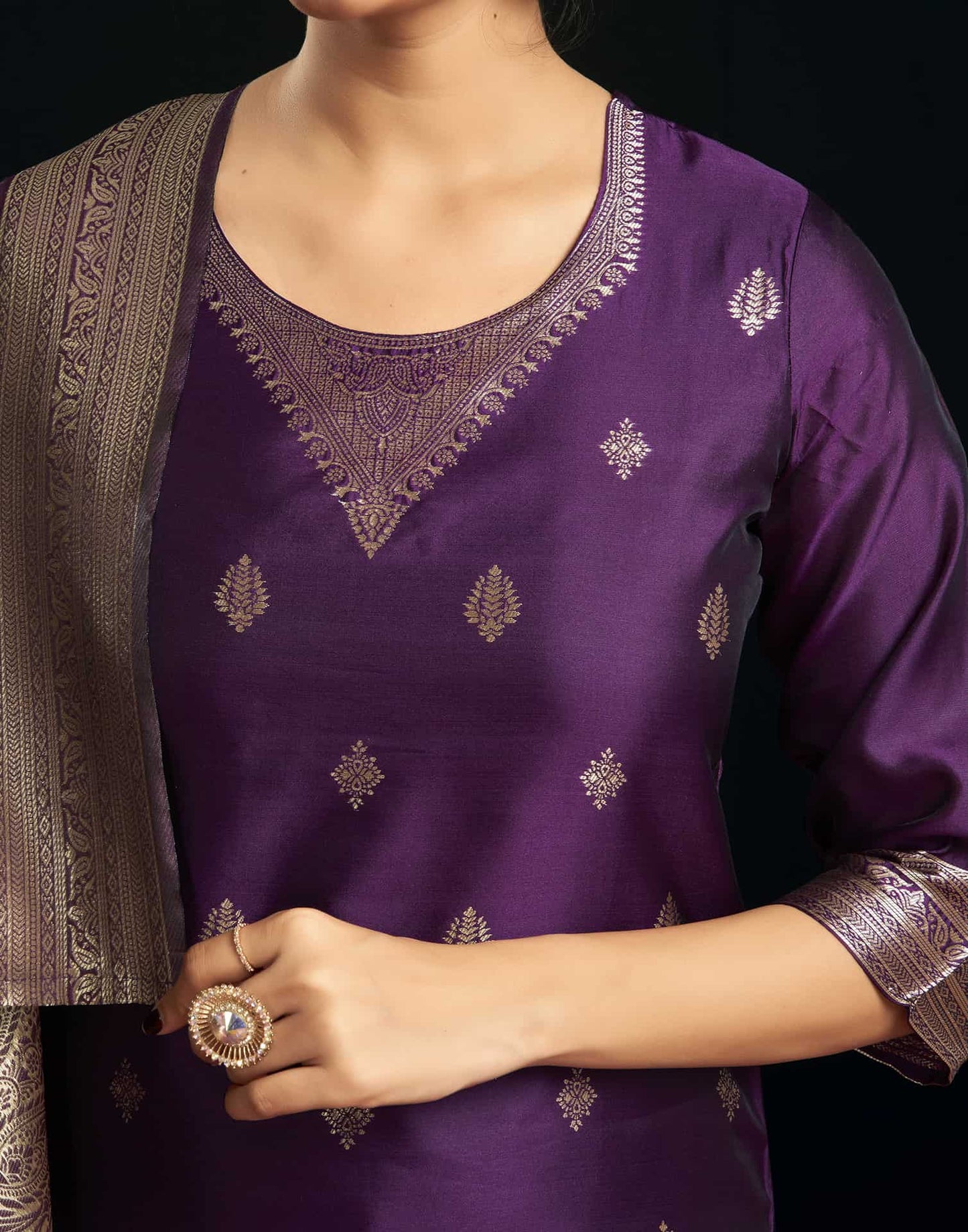 Silk Blend Jacquard Work Straight Kurta with Pant & Dupatta