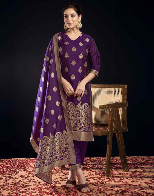 Silk Blend Jacquard Work Straight Kurta with Pant & Dupatta