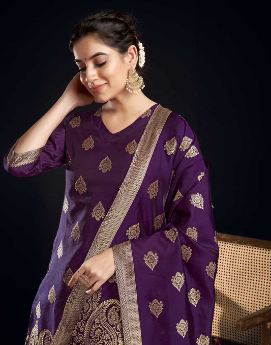 Silk Blend Jacquard Work Straight Kurta with Pant & Dupatta