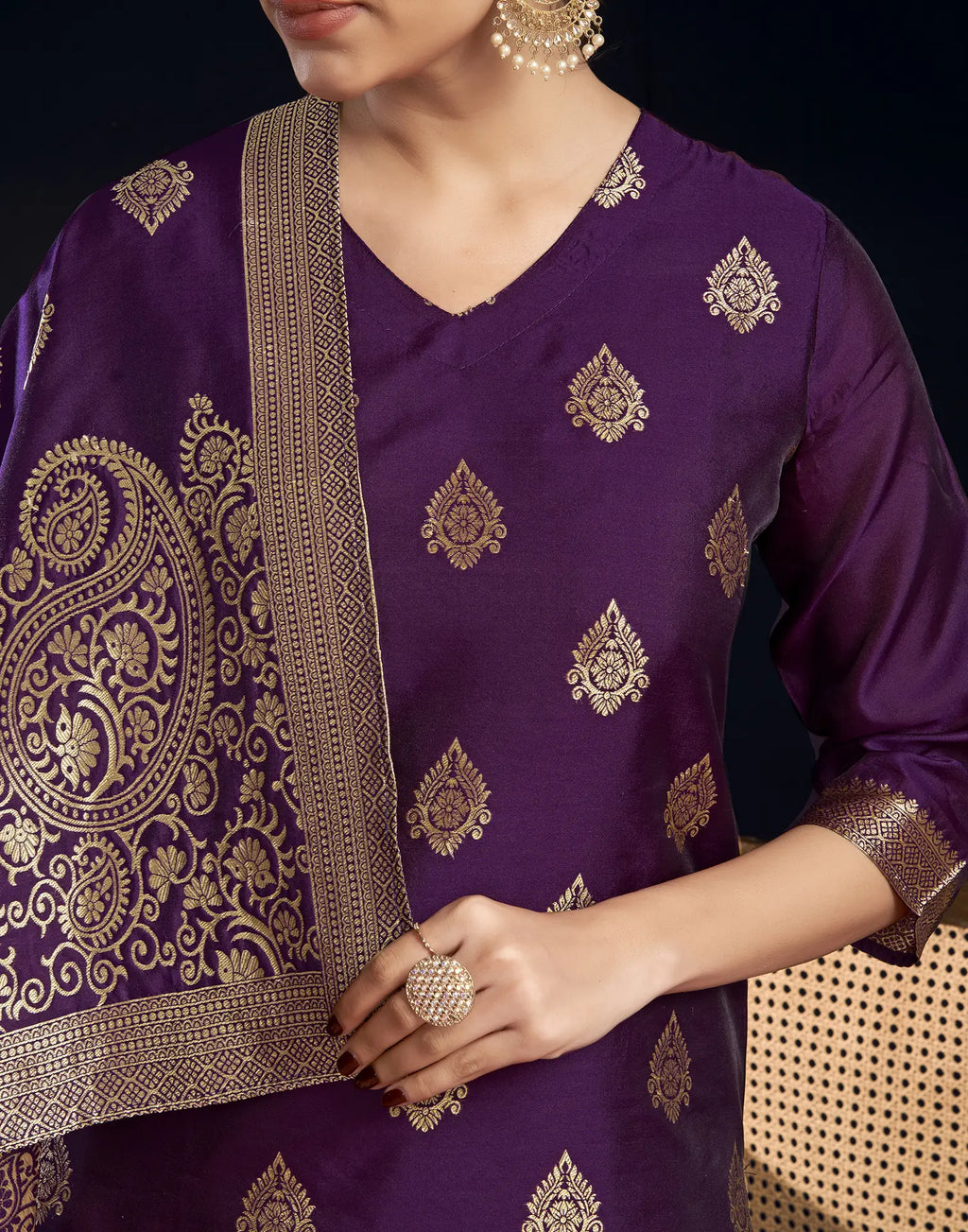 Silk Jacquard Woven Straight 3 Piece Kurta Set